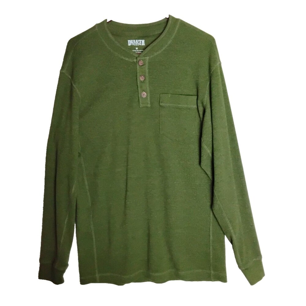 Duluth Trading Waffle Henley Thermal Shirt Mens Medium Olive Green Work Outdoors